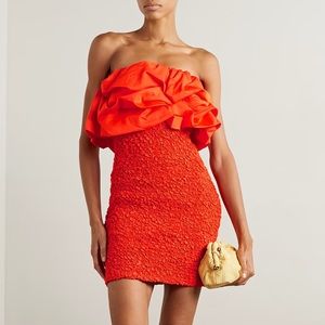 Mara Hoffman Kenza ruffled smocked popcorn strapless mini dress in poppy
